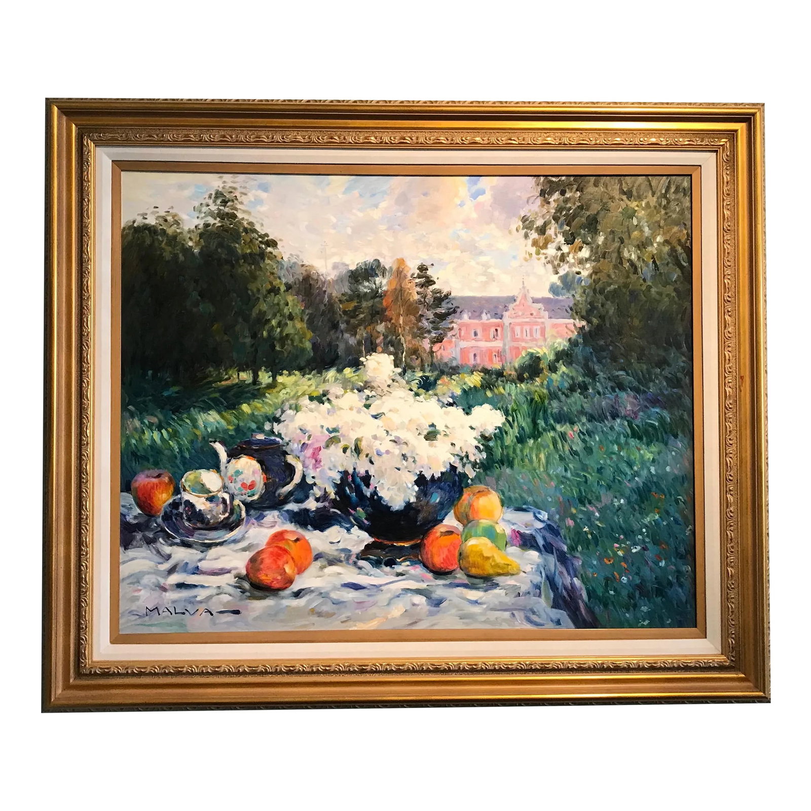 Still Life in a Country House Setting 1980's Painting by Malva: Still Life in a Country House Setting Painting by Malva. Canvas dimensions 31 x 1 x 39 in. and framed as shown 39 x 2 x 47 in. Malvas was one of the most successful of contemporary post impressionist