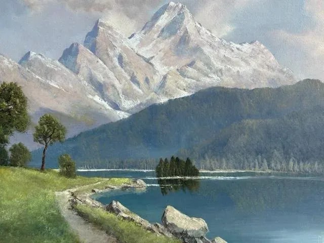 1960s Alpine Landscape Mountain Oil Painting Signed Meyer: Beautiful lanscape oil painting by artist Fritz Meyer Muenchen 1908-1980 Condition: Alterations: Original Condition Unaltered Imperfections: Some Imperfections Condition Notes: Very good condition Ori