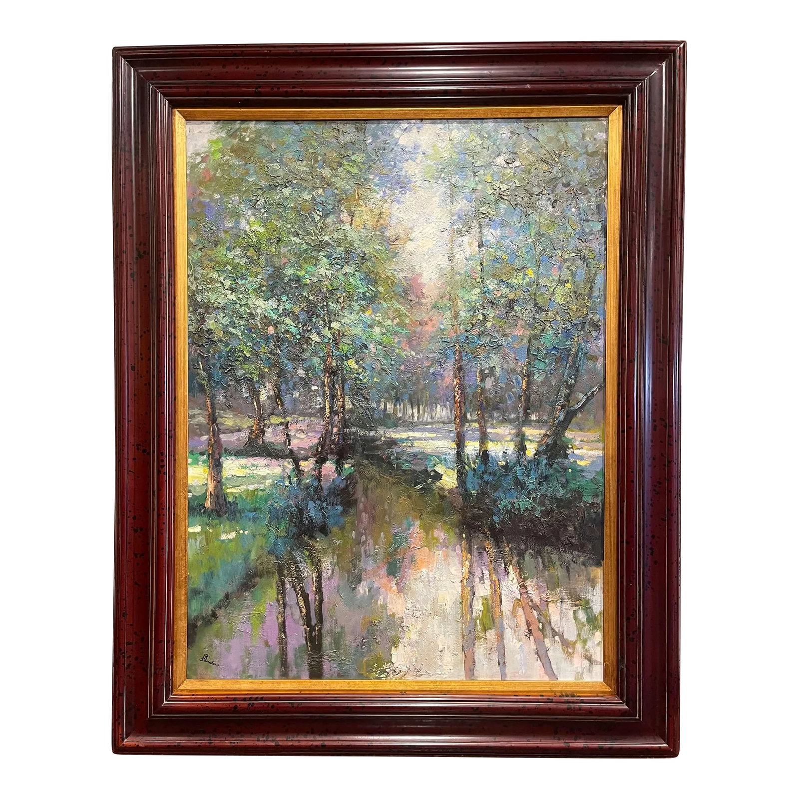 Late 20th Century Framed Oil on Canvas Landscape Painting Signed R. Sanders: Decorate a living room, study or bedroom with this elegant and colorful landscape painting. Signed by the artist, R. Sanders in the lower left corner, the captivating work of art showcases a vibrant f