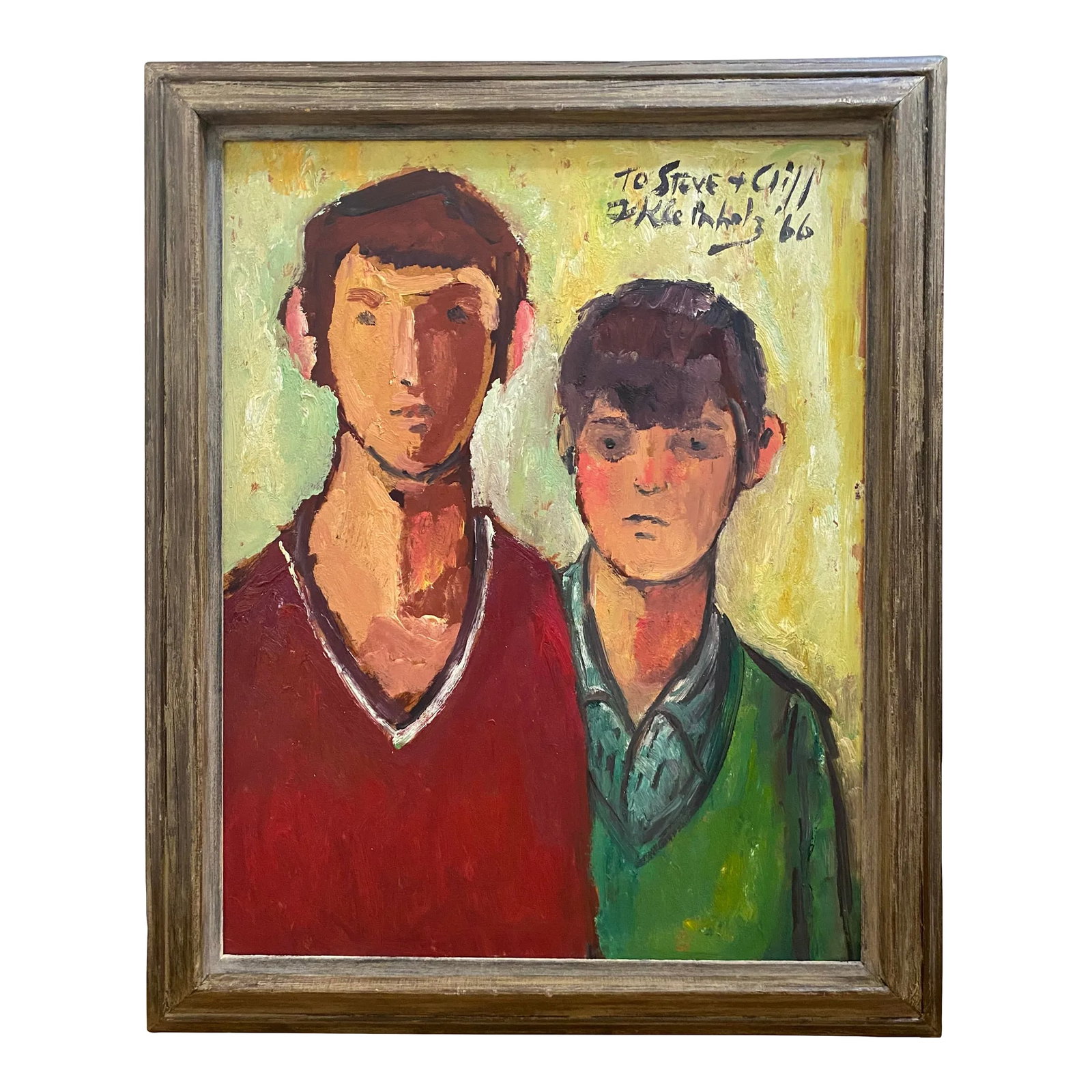 1966 Frank Kleinholz Two Boys Oil on Canvas: MCM oil on masonite painting "Steve and Cliff" by Frank Kleinholz (1901-1987). Signed, titled and dated upper right and presented in a period frame. This is a portrait of the sons of the owners of a