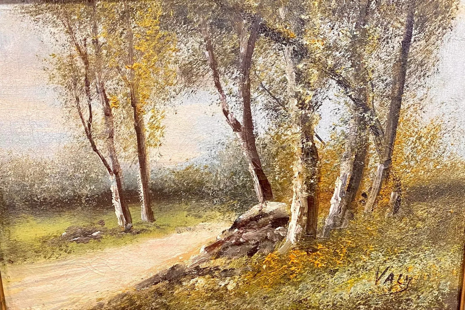 Antique French Landscape Oil on Canvas with Gesso and Wood Frame - 10
