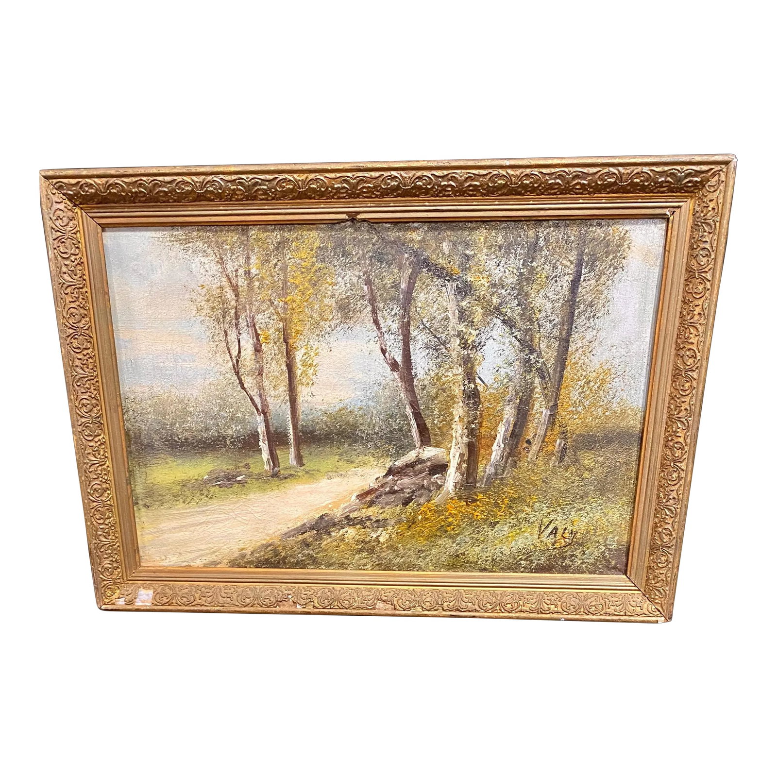 Antique French Landscape Oil on Canvas with Gesso and Wood Frame: A charming antique French oil on canvas of an atmospheric landscape in a period gesso and wood frame, signed "Valey". Lovely dappled sunlight though the leaves, very serene. Canvas: 16" wide, 10.5"