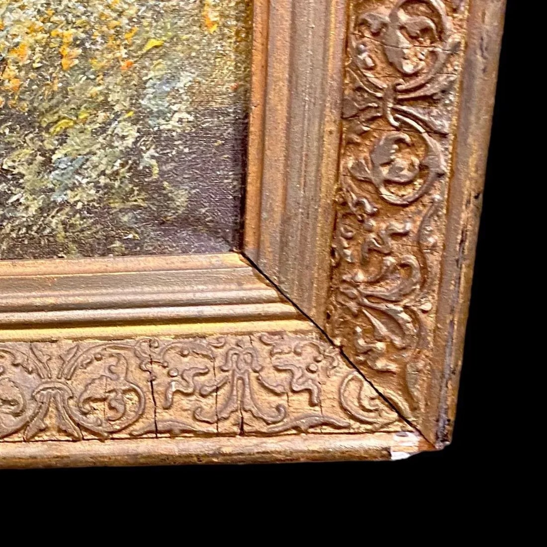 Antique French Landscape Oil on Canvas with Gesso and Wood Frame - 2