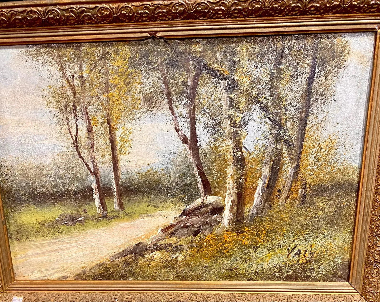 Antique French Landscape Oil on Canvas with Gesso and Wood Frame - 4