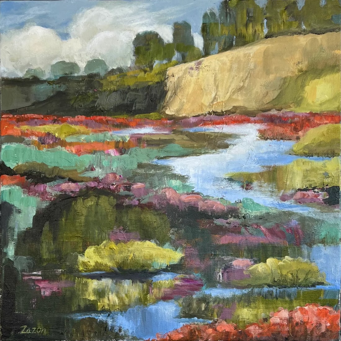 Contemporary Impressionistic Landscape Painting "Mesa Stream" by Karen Zazon - 2
