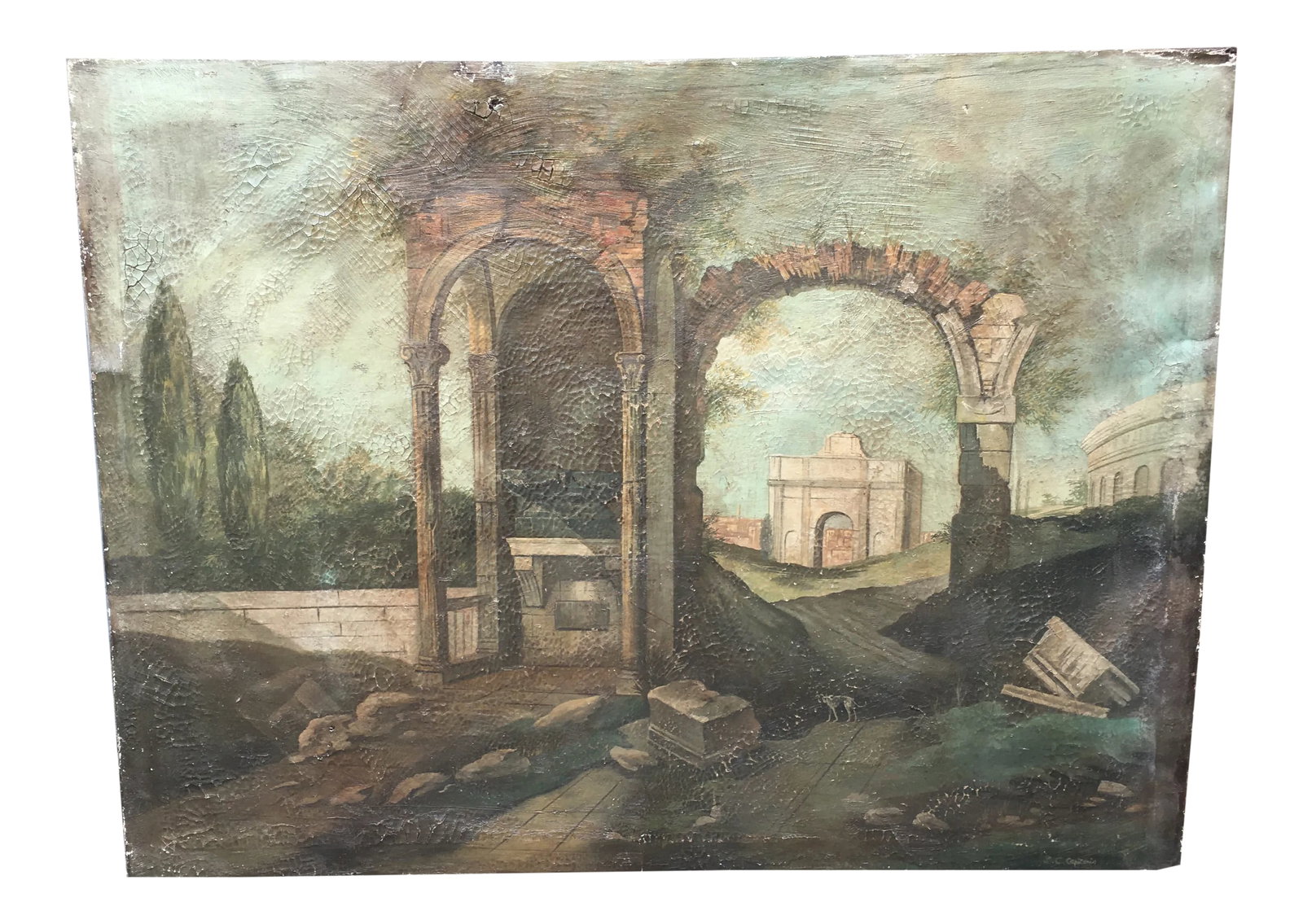 1940s Italian "Cane Da Caccia Tra Le Rovine" Landscape Painting on Canvas 4': Vintage Italian, heavy palette oil on canvas. Translates to "Dog Hunting in the Ruins". Signed by LC Capitano. Fabulous murky and mineral teals and earthy browns, clear paleness of marble and granite,