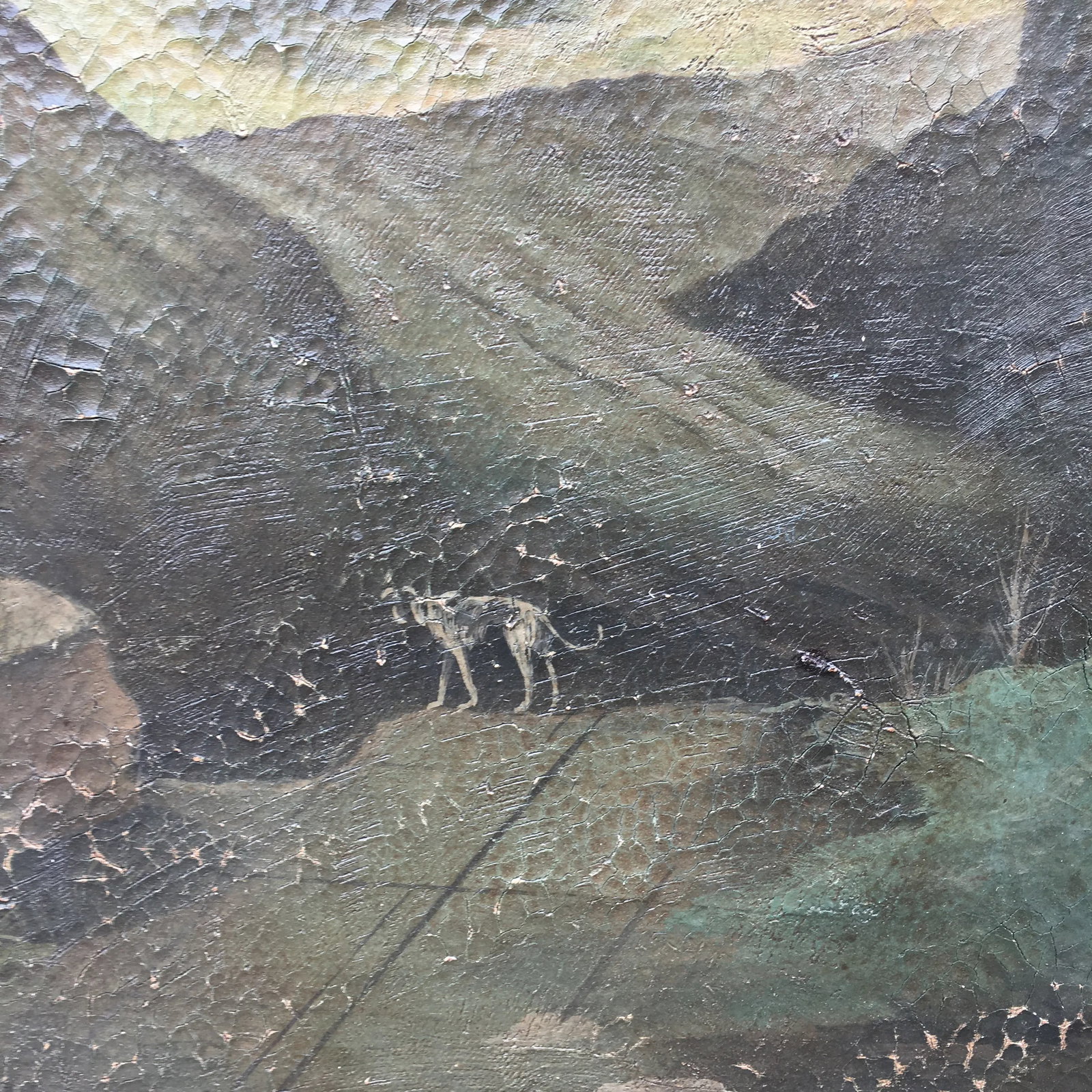 1940s Italian "Cane Da Caccia Tra Le Rovine" Landscape Painting on Canvas 4' - 2