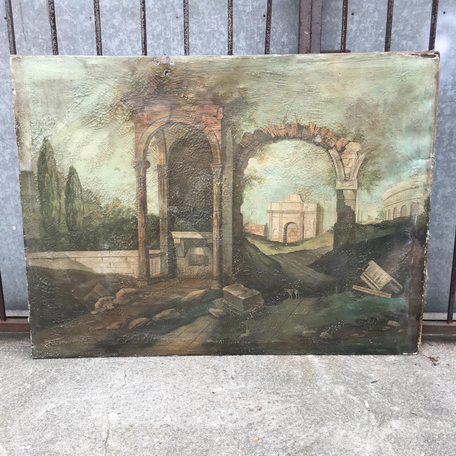 1940s Italian "Cane Da Caccia Tra Le Rovine" Landscape Painting on Canvas 4' - 9