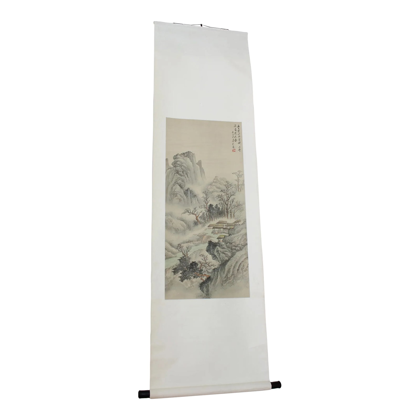 Early 20th Century Chinese Watercolor Landscape Silk Scroll: Early 20th century, Chinese, silk brocade scroll with wooden dowel. Set within the ivory colored silk is an artist's watercolor painting depicting a landscape with mountains and buildings. The origina