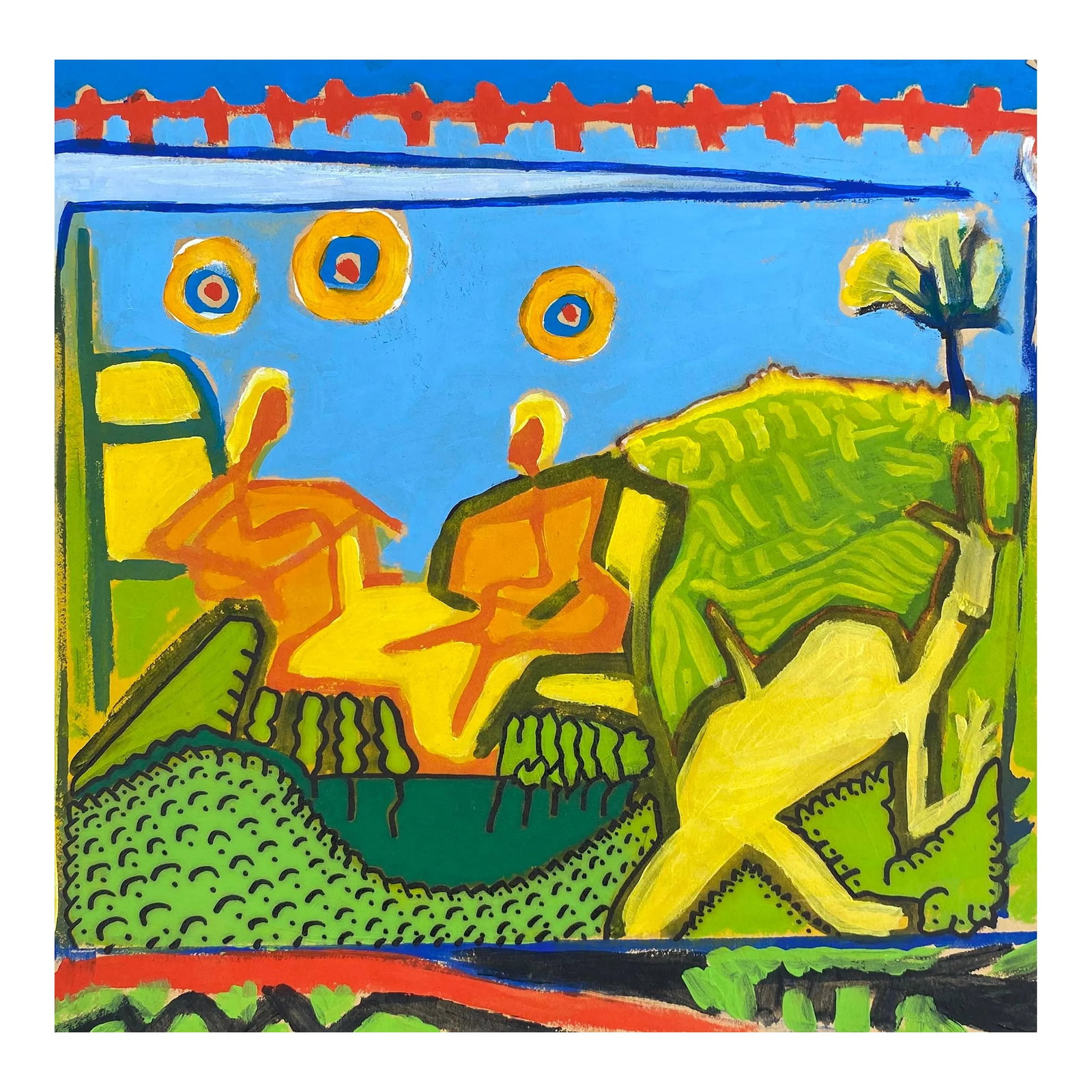 Larry Connatser Figures in a Garden Painting: Painting on paper from the estate of Atlanta self taught outsider artist Laurence Stuart Connatser (1938-1996). Connatser was born in Birmingham, Alabama and grew up in Atlanta. He earned degree in