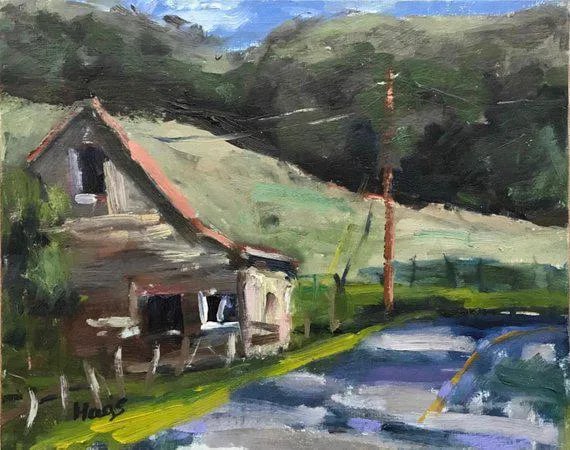 Rose Barn, Contemporary Impressionist in Oil: Quiet Places & Farm Views - Rose Barn, Morgan Hill Original oil painting by L. Haas, 10 x 8 in unframed gessoed masonite panel, signed. A calm plein air impressionist landscape of a red barn in Morgan