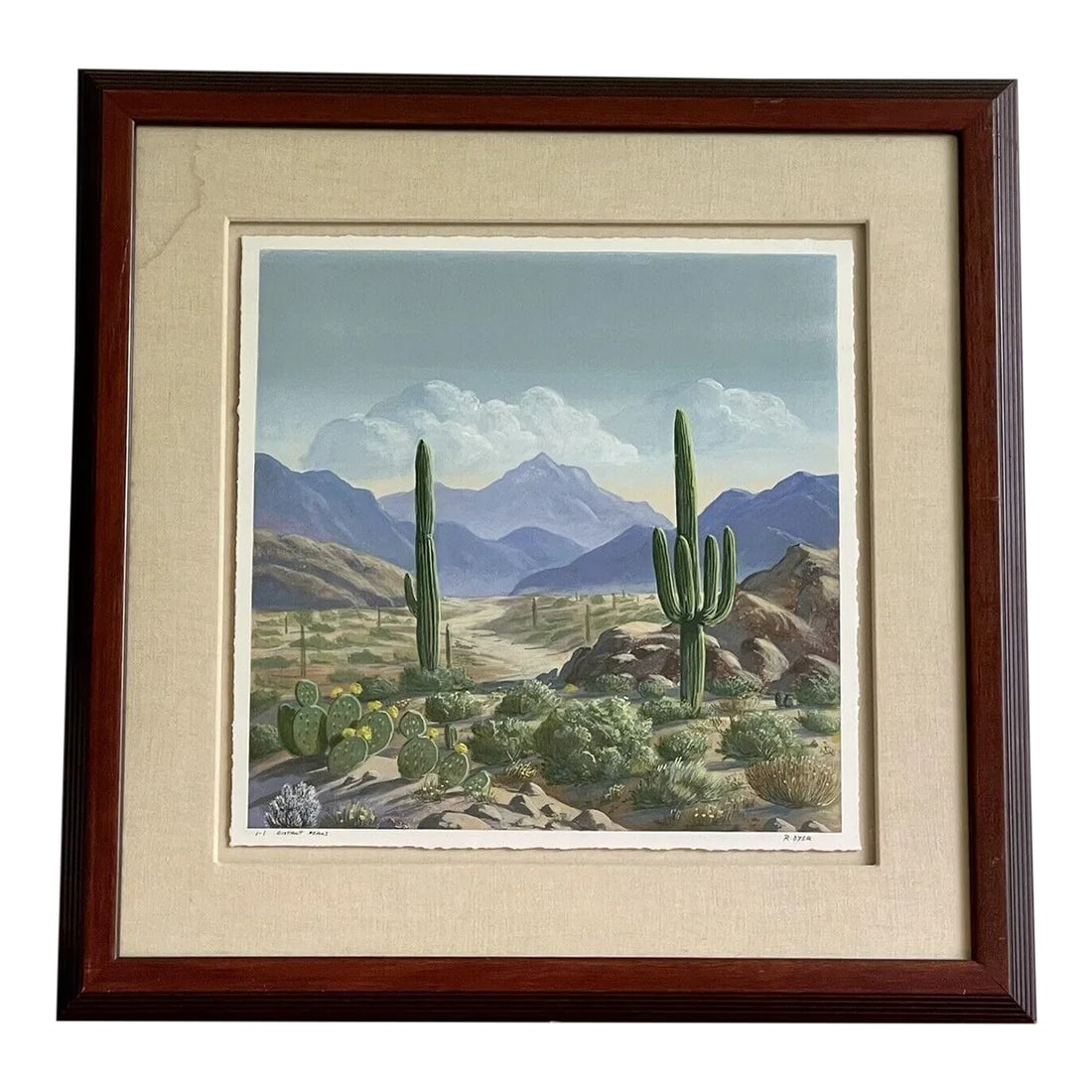 Desert Landscape with Mountains and Cacti Fine Art Monoprint "Distant Peaks" by R. Dyer: PALM BEACH ESTATE FIND!! Superb Fine Art Monoprint entitled "Distant Peaks" by R Dyer depicting a rocky, cactus filled California desert scene with mountains in the distance. This is so well