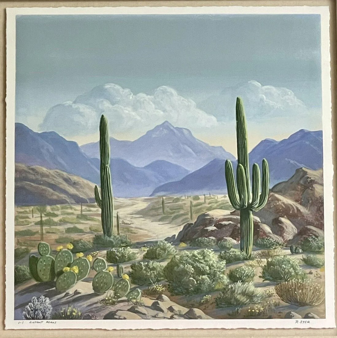Desert Landscape with Mountains and Cacti Fine Art Monoprint "Distant Peaks" by R. Dyer - 2