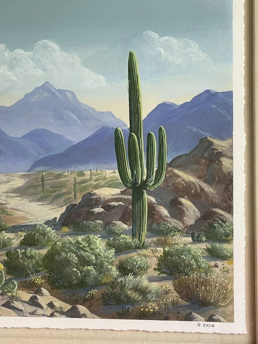 Desert Landscape with Mountains and Cacti Fine Art Monoprint "Distant Peaks" by R. Dyer - 3