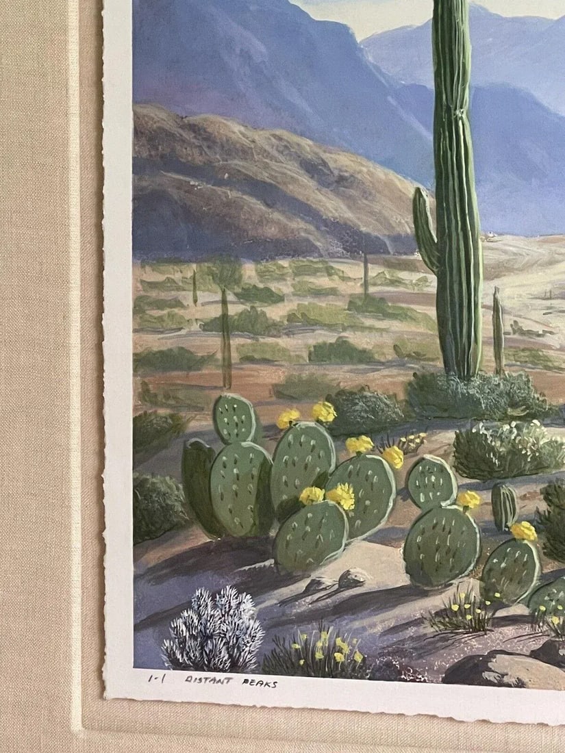 Desert Landscape with Mountains and Cacti Fine Art Monoprint "Distant Peaks" by R. Dyer - 4