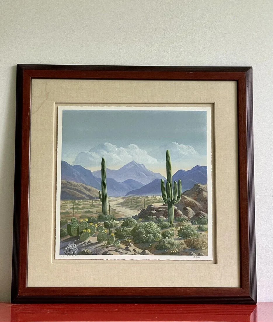 Desert Landscape with Mountains and Cacti Fine Art Monoprint "Distant Peaks" by R. Dyer - 9