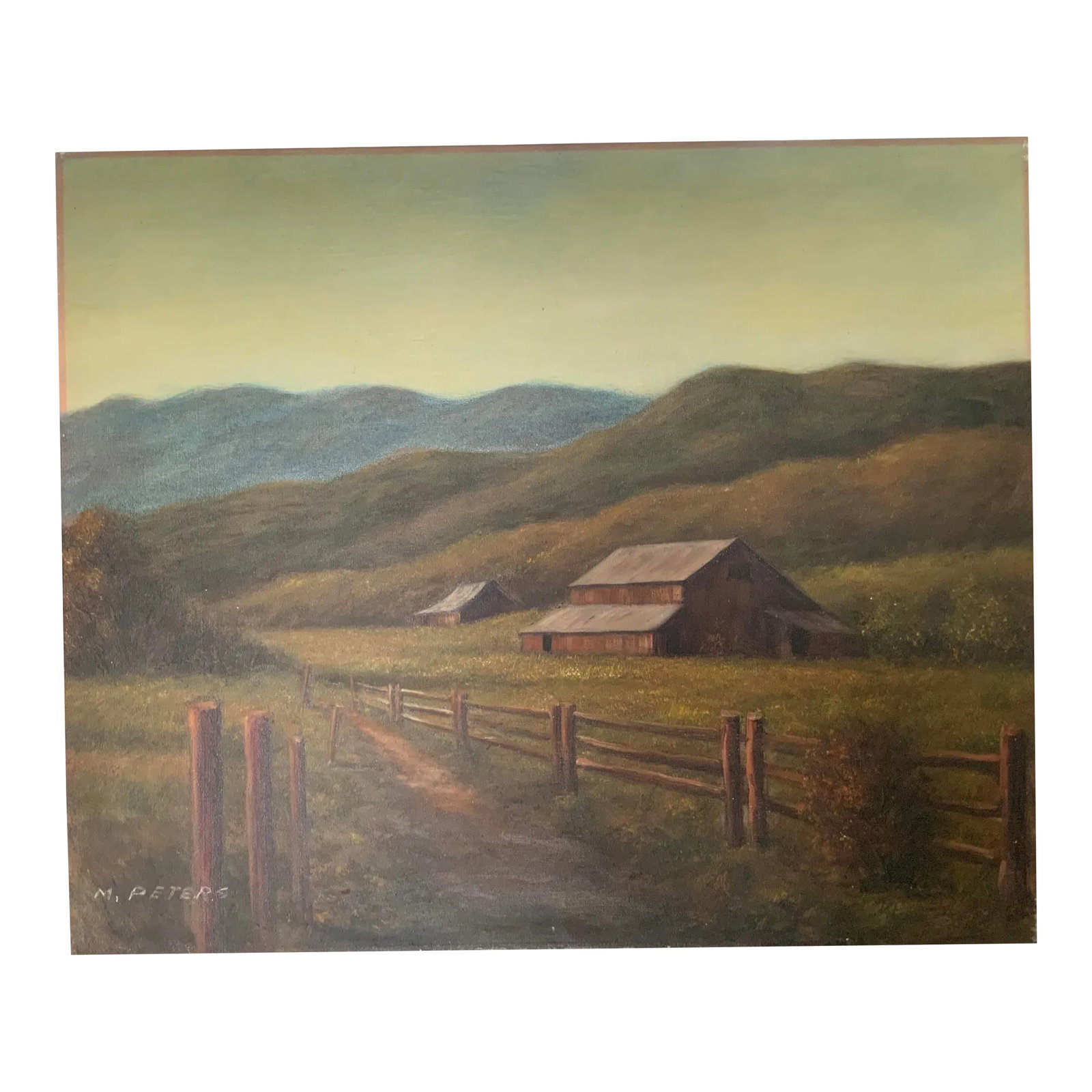 1980s "The Farm" Rustic Landscape Oil Painting on Canvas: The Farm by M. Peters Really well done oil painting on canvas of a farm with hills in the backdrop. So serene. A perfect addition to any art collection. Condition: Alterations: Original Condition