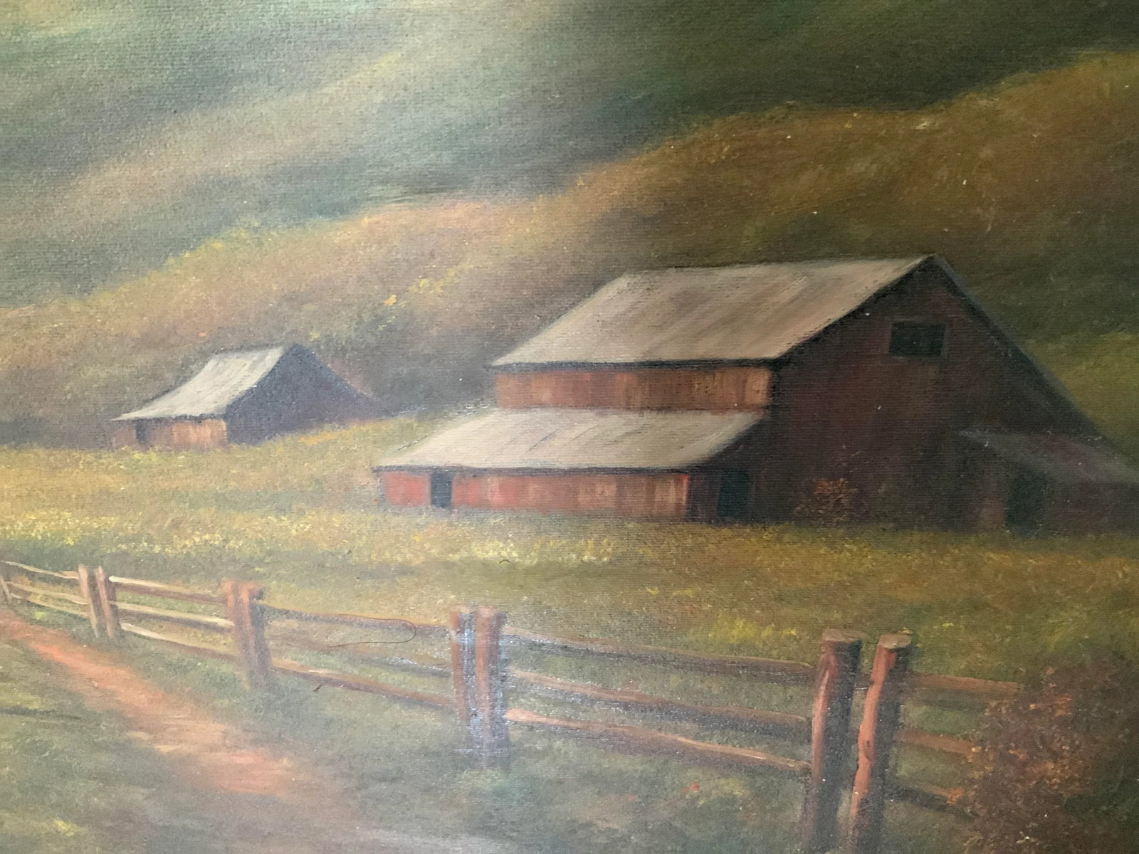 1980s "The Farm" Rustic Landscape Oil Painting on Canvas - 5