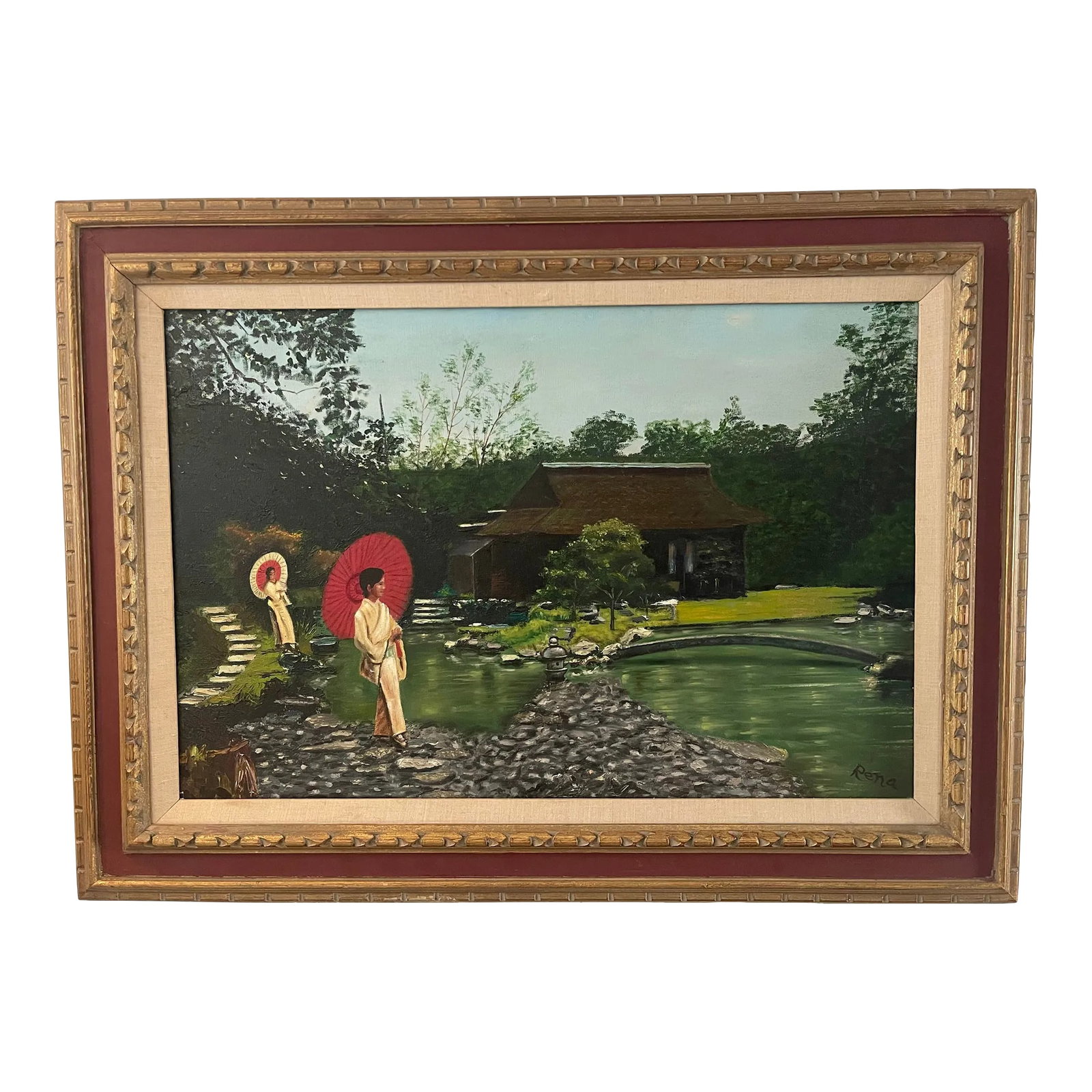 Japanese Geisha Painting on Canvas: Gorgeous Original oil on canvas of two geisha in Kyoto Japan. Estate sale find in excellent condition. Beautiful wood frame with burgundy border. Signed lower right Rena. Condition: Alterations: