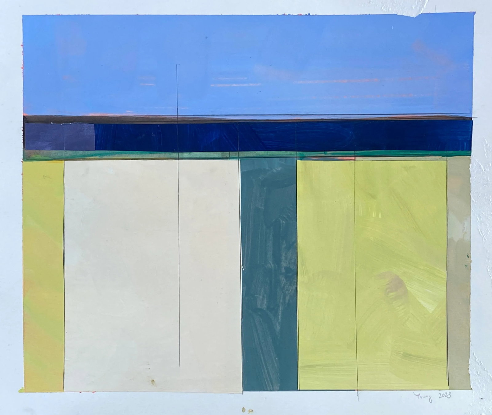Lake Series Contemporary Original Abstract Landscape Painting by Bryan Young: Contemporary landscape. Acrylic on heavy archival paper. Paper measures 12x14 inches. An inch white border is left to allow for framing. Condition: Imperfections: No Imperfections Origin: United State