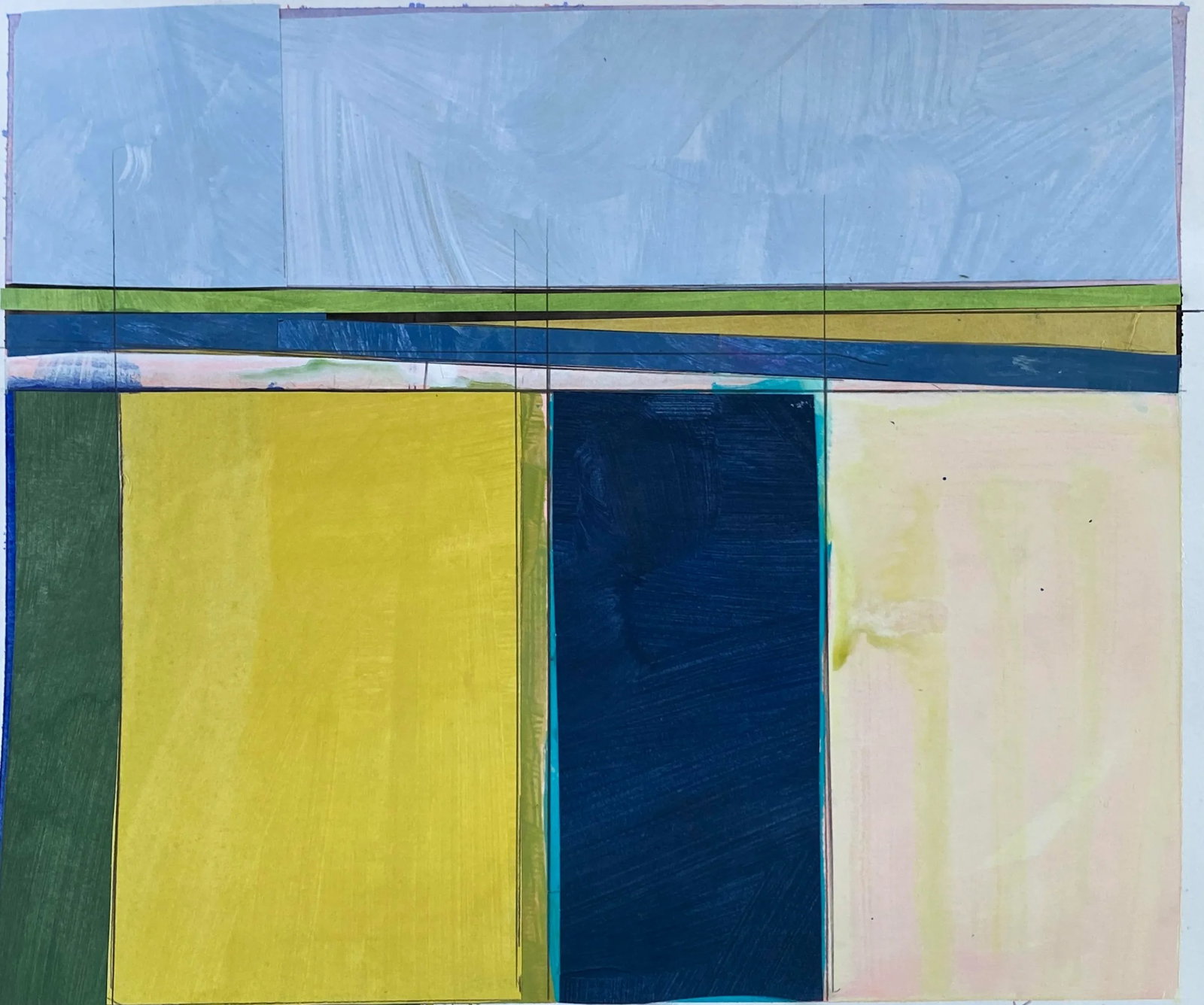 Lake Series Contemporary Original Abstract Landscape Painting by Bryan Young: Acrylic collage on heavy archival watercolor paper. Measures 14x12 inches. A white border is left to allow for framing. Condition: Imperfections: No Imperfections Origin: United States Materials