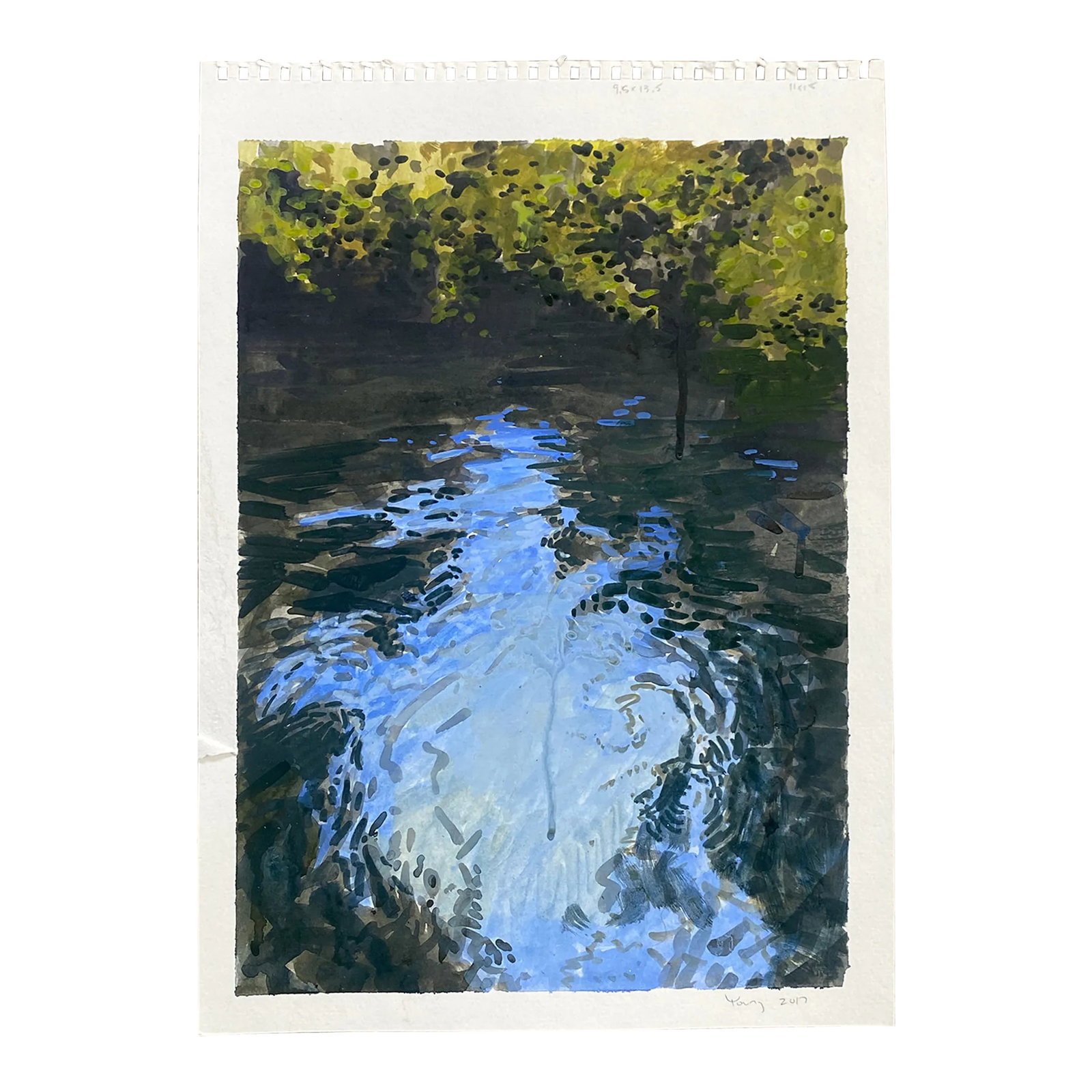 Impressionist Style Painting of Moving Water on Paper by Bryan Young: Impressionist painting on heavy archival watercolor paper. Part of the Moving Waters series. Painting measures 11x14 inches. Image size measures 9.75 x 13.5. Piece ships unframed. Condition: