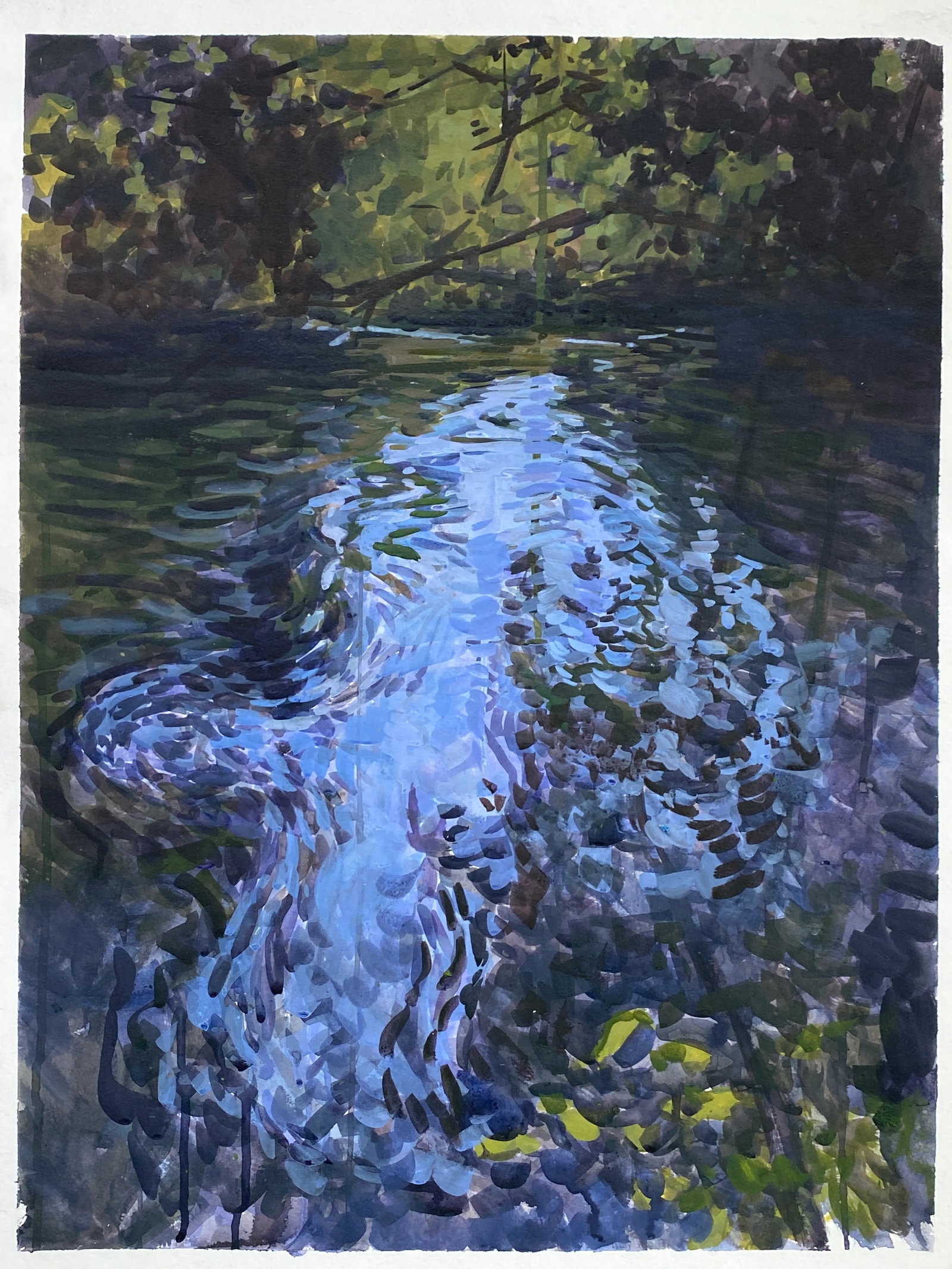 Impressionist Style Painting on Paper Part of the Moving Waters Series: Impressionist painting by Bryan Young. Part of the Moving Waters series on heavy archival watercolor paper. Paper measures 18x24 inches. Image measures 17x22 inches. Piece ships unframed. Condition: I