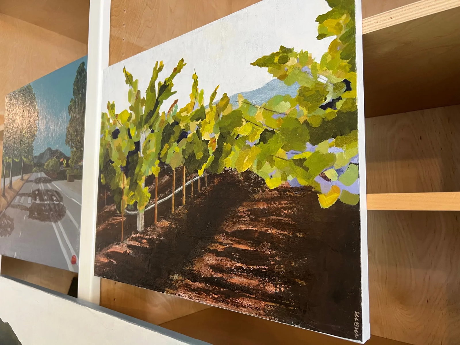 Early Harvest Impressionist Napa Valley California Wine Country Vineyard Landscape in Rust, Green - 2
