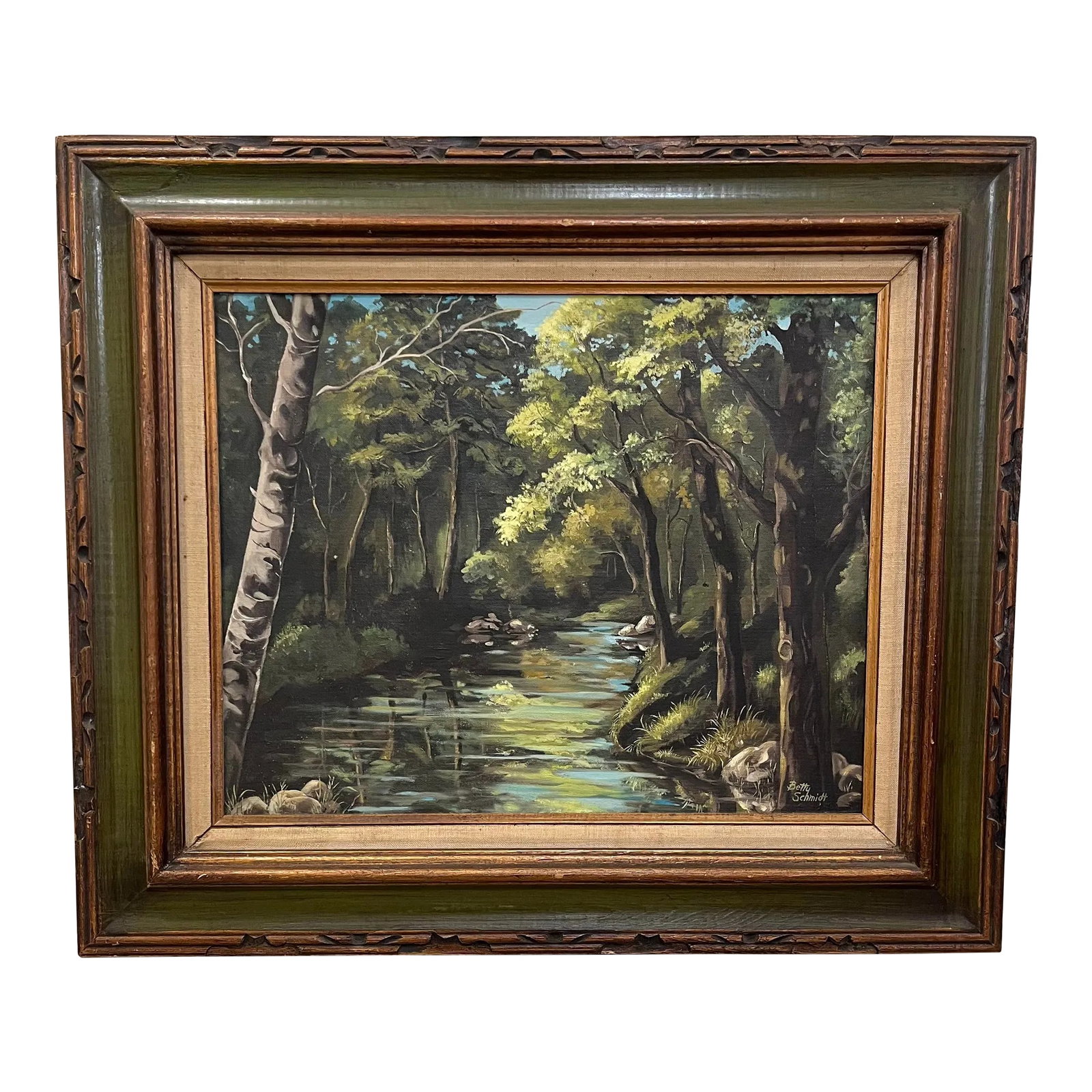 1976 Betty Schmidt Original Oil Painting Titled the Stream: Beautiful, original oil painting, titled "The Stream", by Betty Schmidt. Renowned American artist, once the president of Oil Painters of America. This is a beautifully done landscape scene with such