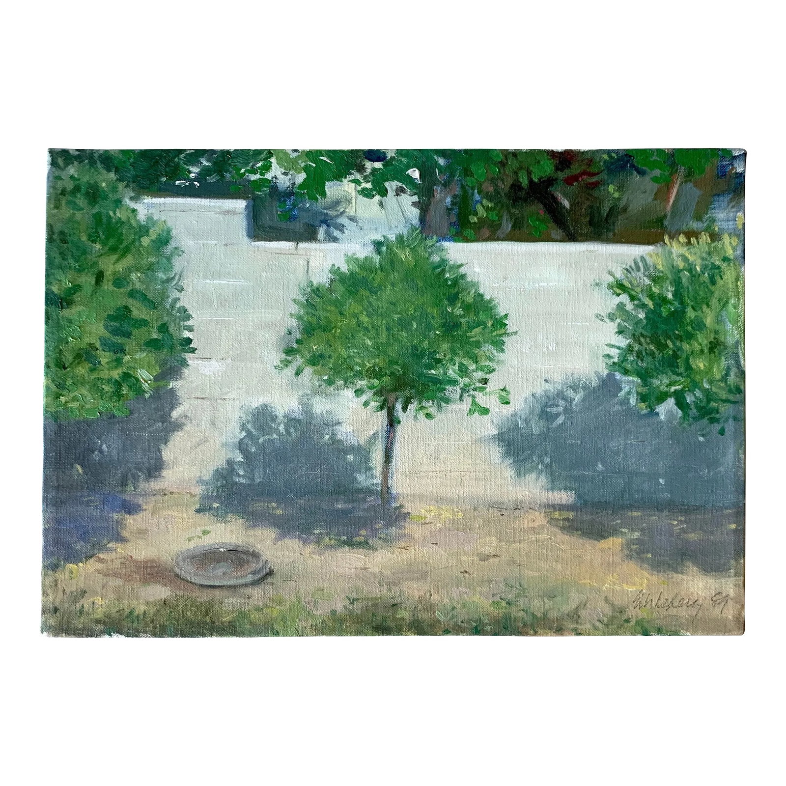 Plein Air Impressionist Oil Painting 'On Murray Drive, Silverlake, Ca'" by Larry Eikleberry C.1989: On Murray Drive, Silverlake, CA' by Larry Eikleberry captures the essence of a serene moment in the coveted neighborhood of Silverlake, Los Angeles. This exquisite piece, measuring 14" x 10", is an