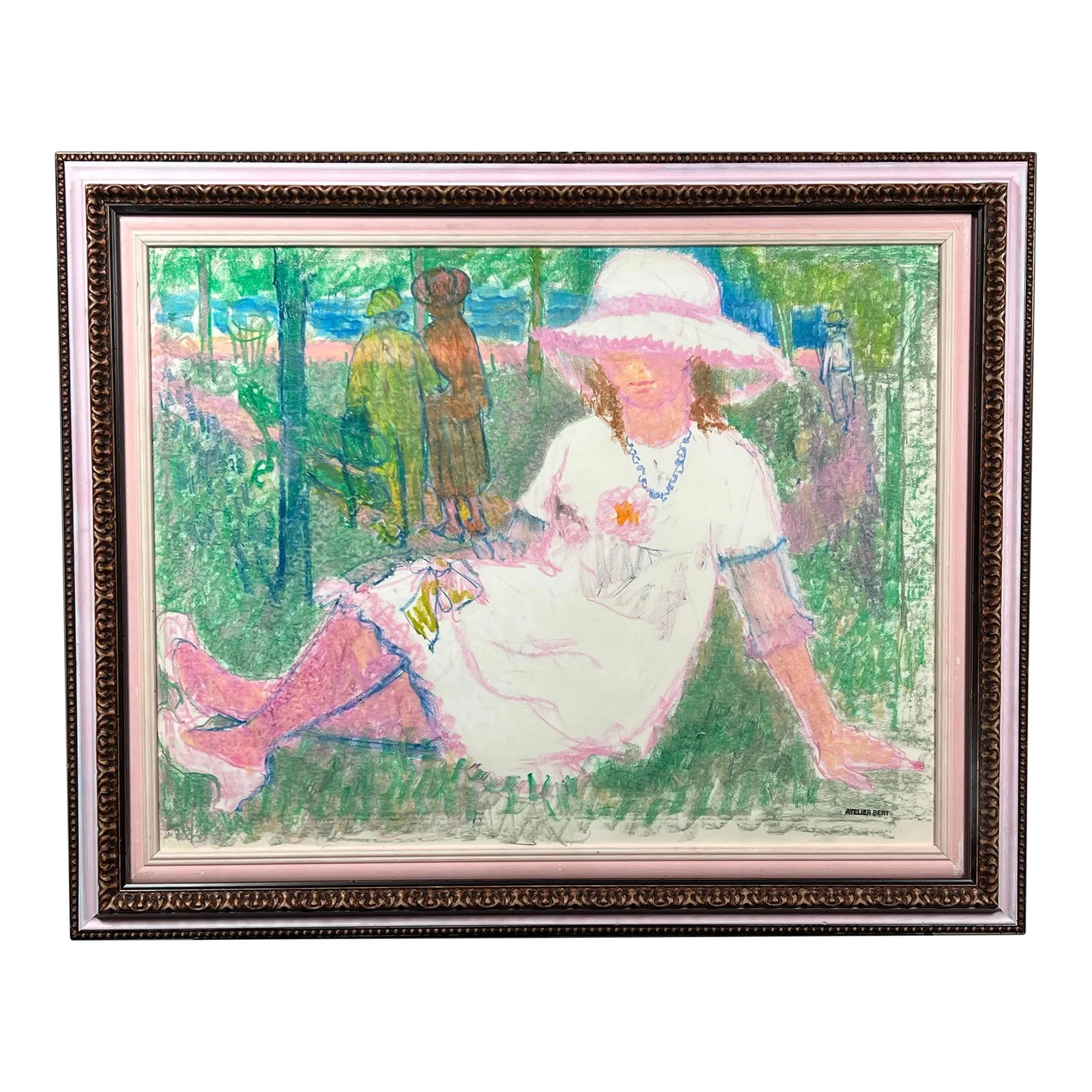 1980s "The Sunday Dress" by Galerie Bert, Pastel on Paper: Estate stamped "Gallerie Bert" from the Marseilles, France art school and gallery by the eponymous named artist Pascal Bert. Circa 1980 color pastel on toned charcoal paper, 20 x 25 in. Framed in Fran