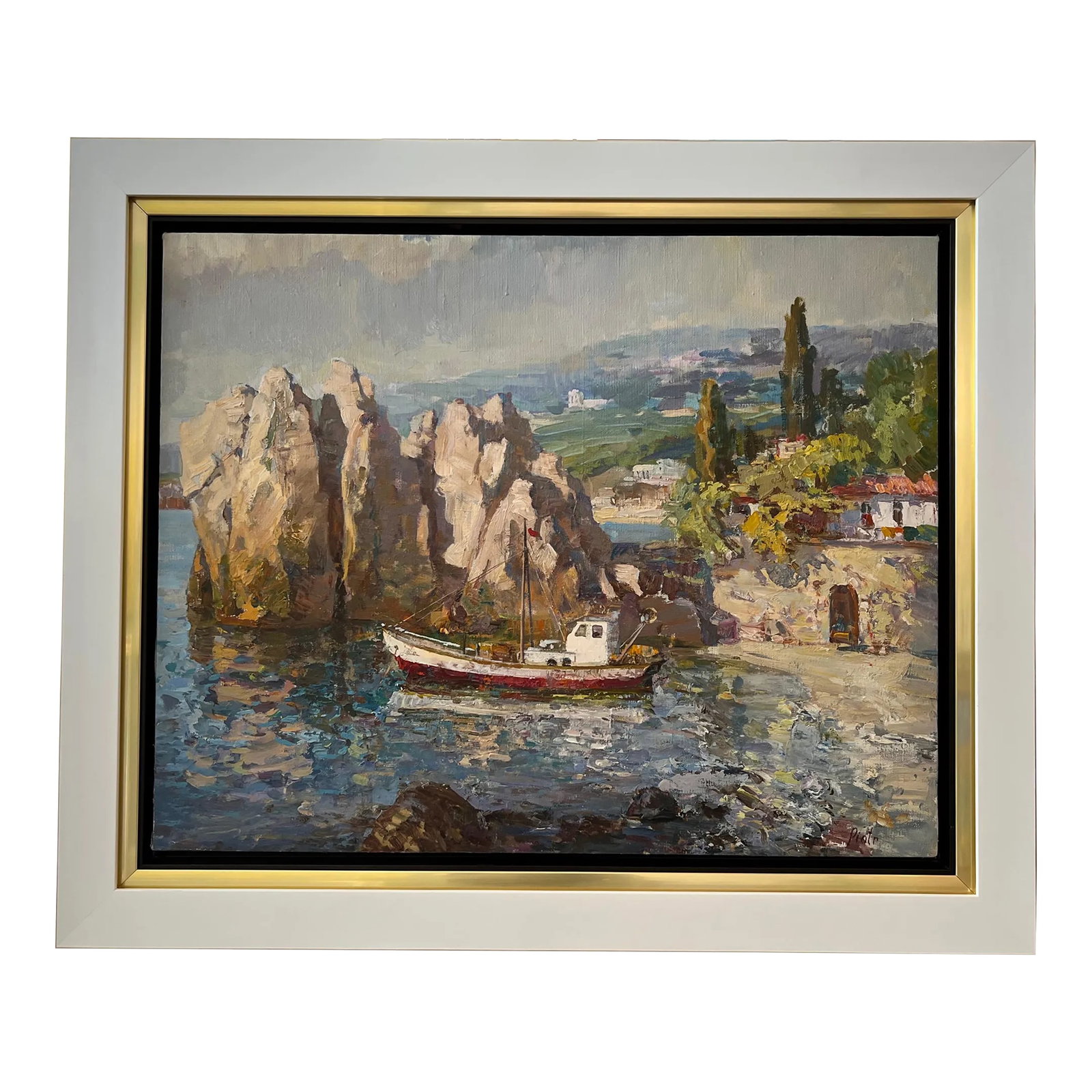 1990s "On the Greek Aegean" Nautical Seascape Framed Painting by Piotr Marmanov: Piotr Marmanov was born in 1944 in Luhansk, Ukraine. He is a graduate of the Luhansk Fine Art School (1962). Marmanov continued his education at the Kharkiv Academy of Fine Arts. After 6 years of stud