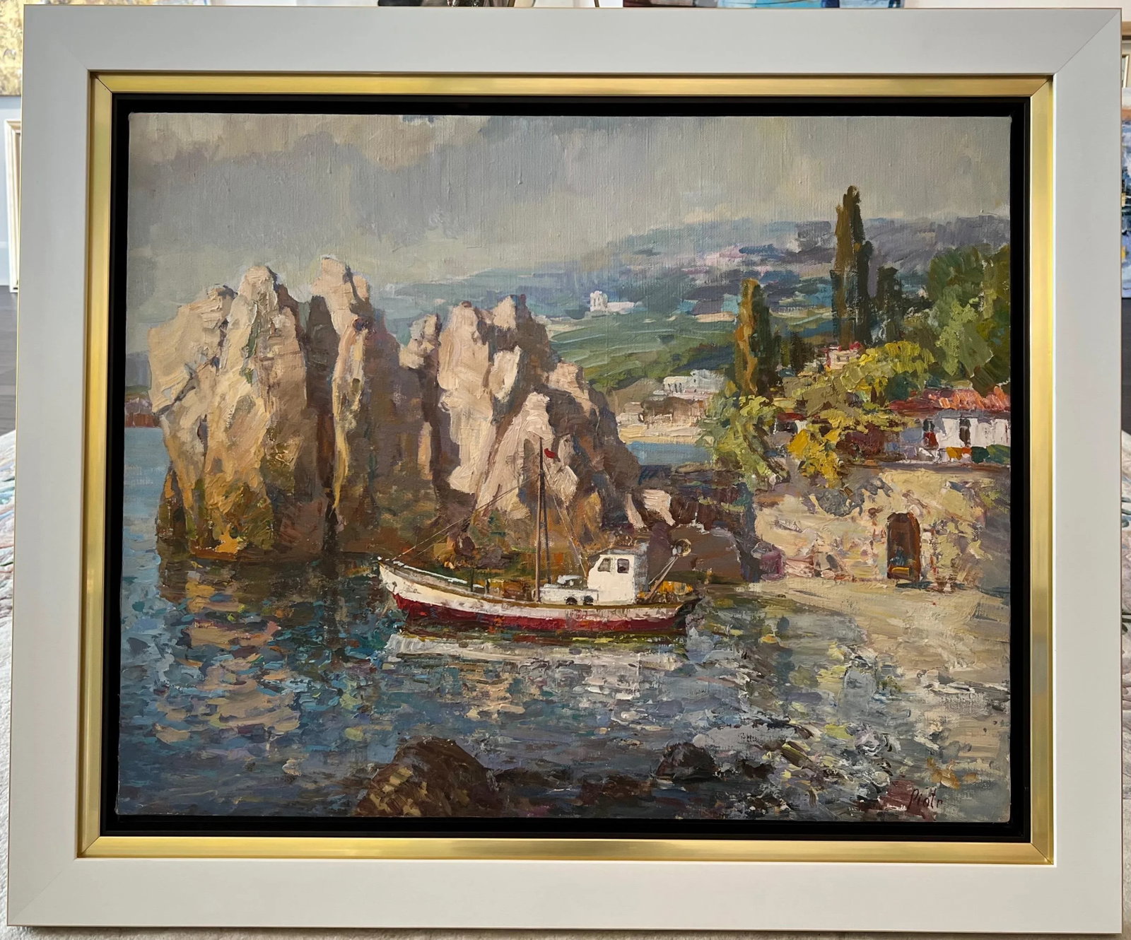 1990s "On the Greek Aegean" Nautical Seascape Framed Painting by Piotr Marmanov - 4