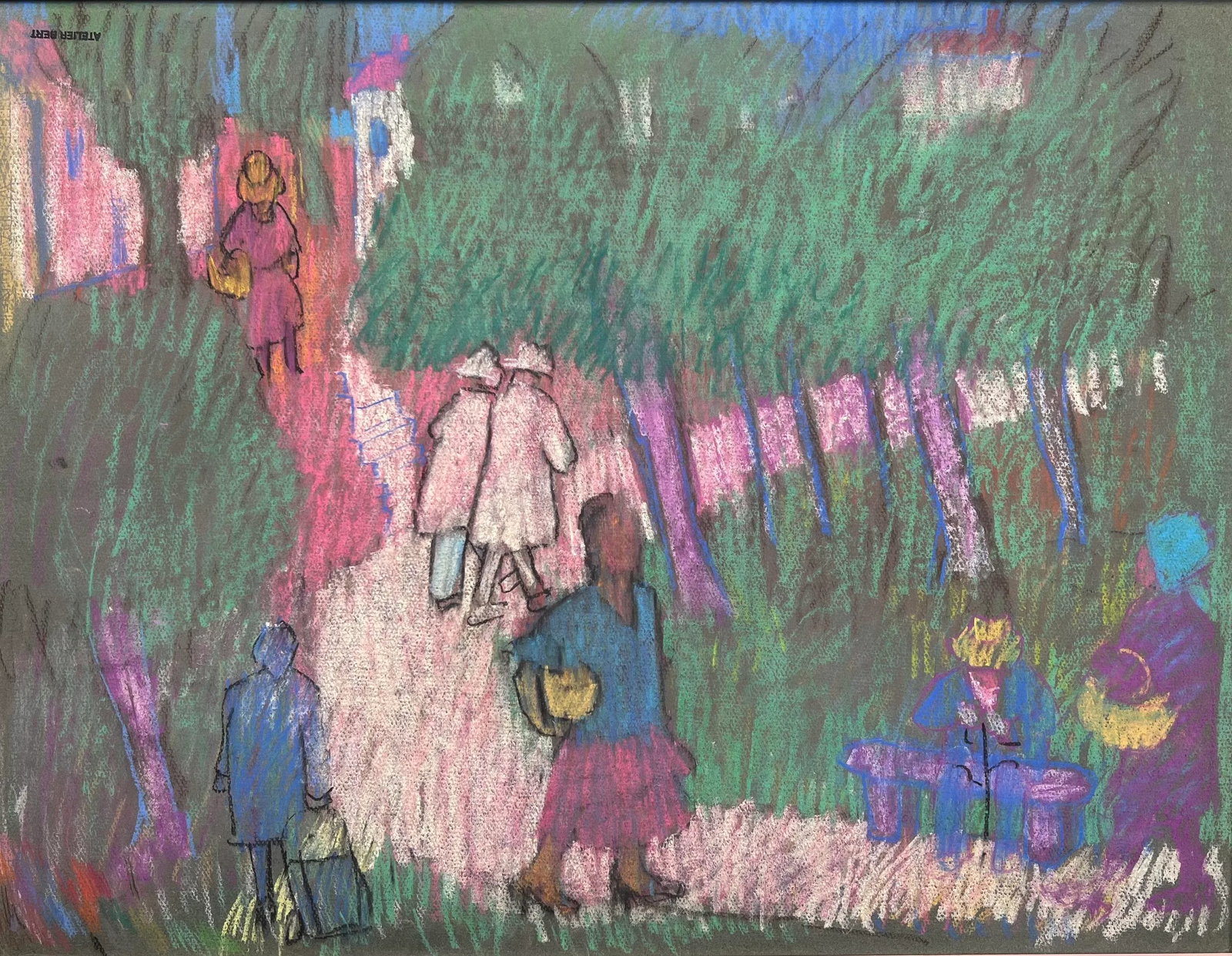 Walk in the Park by Pascal Bert (Galerie Bert), Pastel on Paper C. 1980 - 2