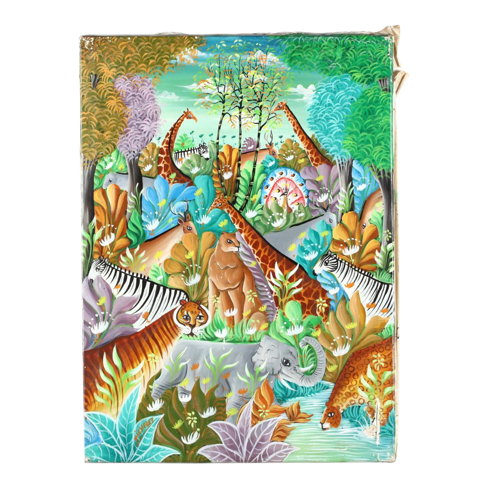 Mid 20th Century Vintage Caribbean School Oil on Linen Fauna Amid African Landscape, Signed Michelet: Vintage Caribbean school oil on linen work depicting tigers, lions, giraffes and other animals in an African savannah landscape. Mounted on a stretcher but not framed. A fun, vibrant piece. Signed Mic