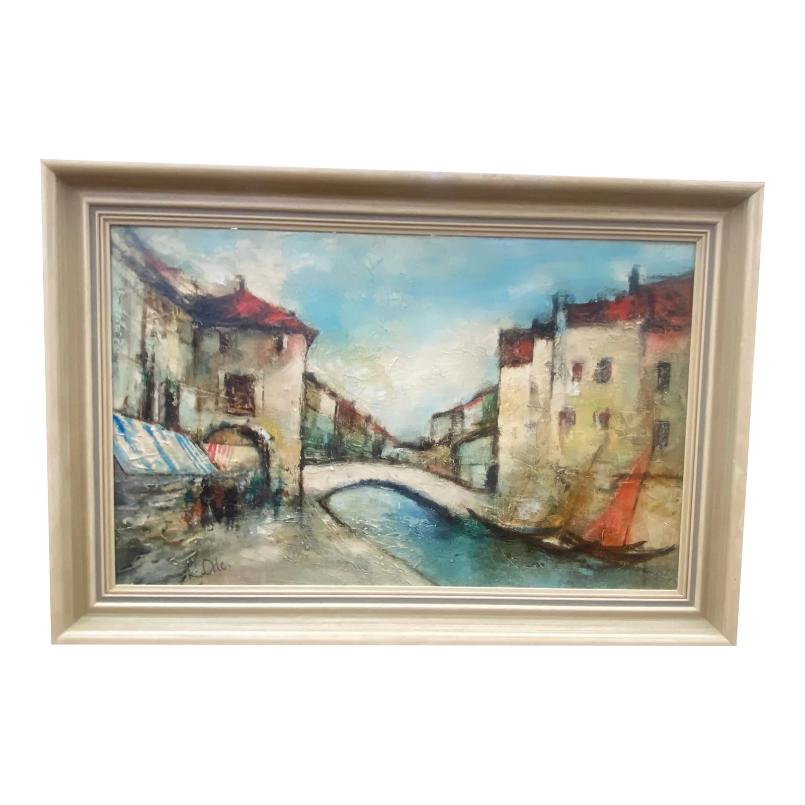 Original Artwork Painting of South of London- Signed: Vintage oil on canvas painting of waterway in the City, with vibrant colors and textures. Condition: Alterations: Original Condition Unaltered Imperfections: Some Imperfections Condition Notes: Frame