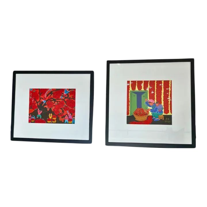 1990s Gouache on Paper, Chinese Folk Art, Signed and Framed, Pair (2): A coordinated set of striking Chinese Gouache on paper, folk art paintings depicting harvest scenes in brilliant raspberry red, turquoise blue, pistachio green, and yellow. Both paintings are signed
