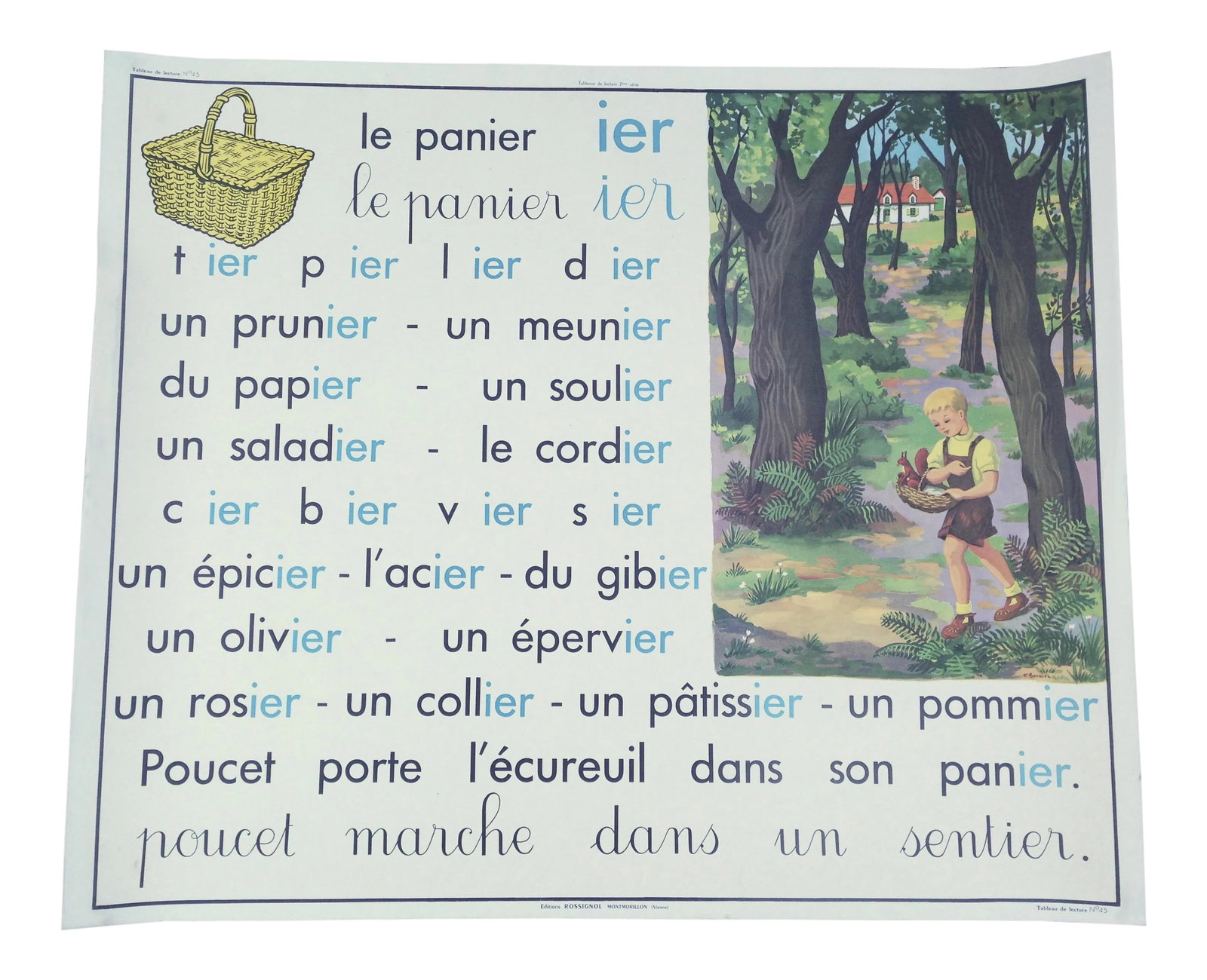 French School Lesson Poster: 1950's French school lesson poster of a family in the garden and the other side of a child exploring the woods. Poster is double sided for two different lessons. I have tried to make the colors as tru