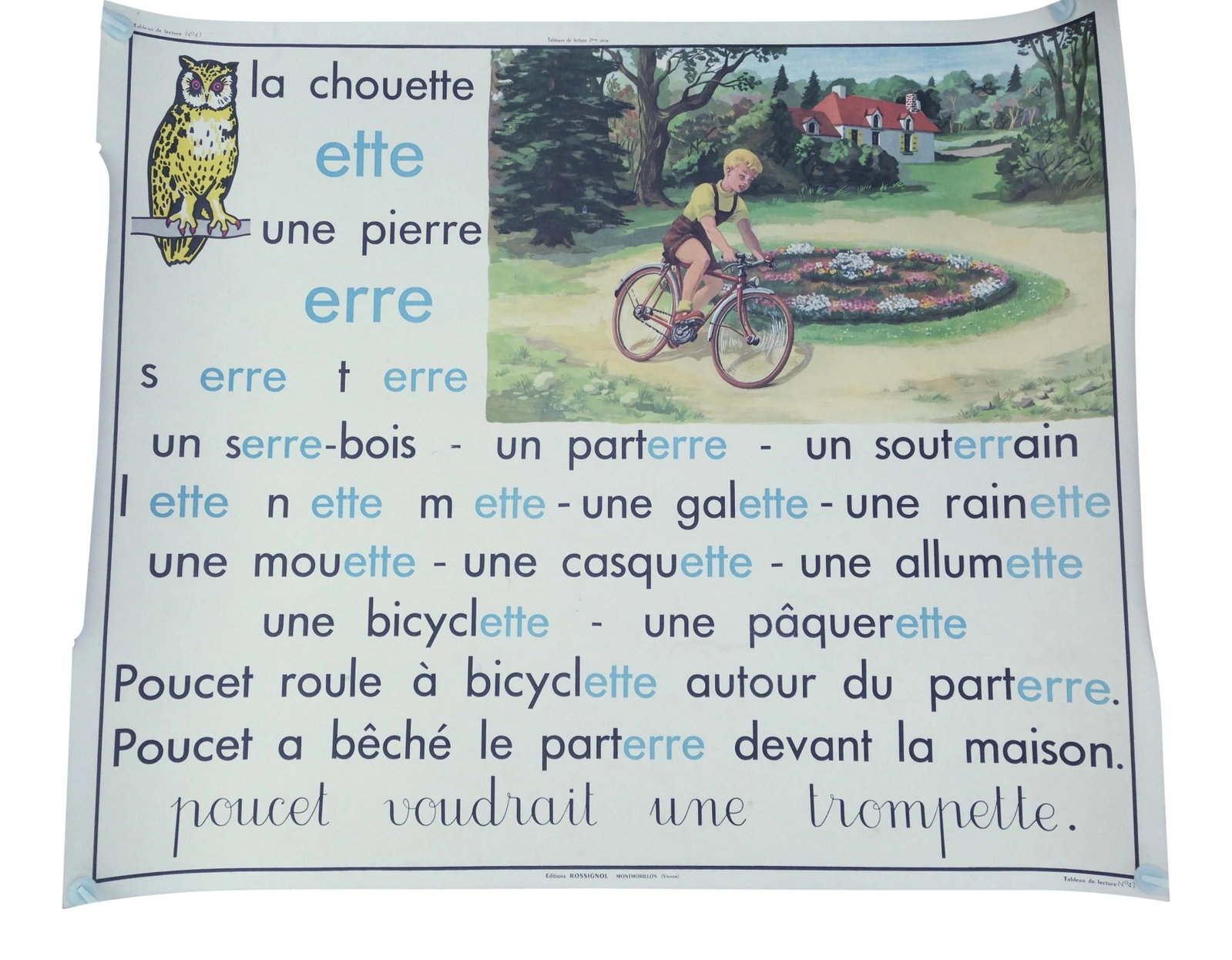 French Lesson Poster, Double Sided: 1950's French school lesson poster of children playing in the garden. Poster is double sided for two different lessons. I have tried to make the colors as true as possible. Basically, they are printed