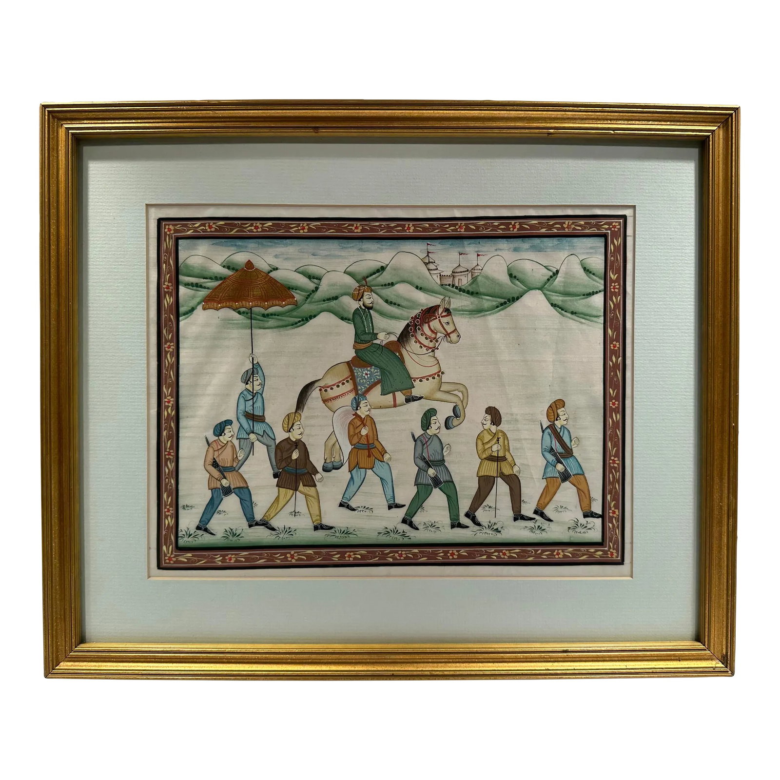 Early 20th Century Indo Persian Painting, Framed: This listing is for a phenomenal Indo- Persian painting. The painting depicts a procession of men and a horse. The man on the horse is presumably a person of noble status. It appears to be painted on