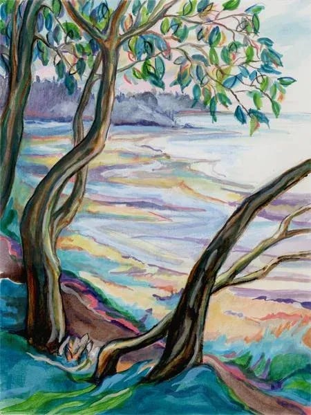 Original Plein Aire Seascape Painting, on the Bluff 2, Acrylic Study: Color study painted outdoors on site at a bluff above the beach. Plein aire acrylic painting of a seascape on 9" x 12" canvas paper, unframed. Last photos show a simple framing possibility. Will be sh