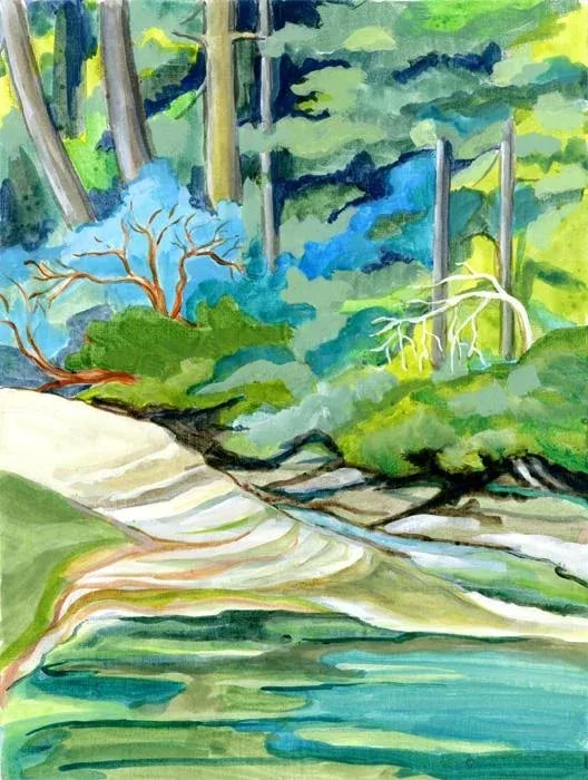 Plein Aire Landscape Original Painting, Sandbar 1, Acrylic Study: Color study painted outdoors on site at the beach. Plein aire acrylic painting of water and landscape on 9" x 12" canvas paper, unframed. Last photos show a simple framing possibility. Will be shipped