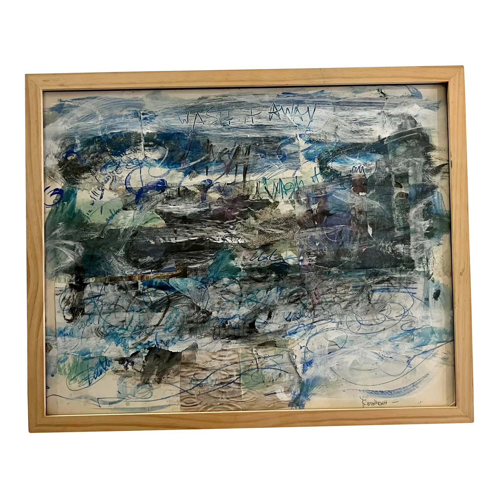 Wash It Away Contemporary Abstract Mixed Media Painting by Ellen ReinKraut, Framed: Wash It Away by Ellen Reinkraut is an abstract seascape. Undoubtedly, there is water. It is meant to be a positive affirmation. "Wash It Away" is a reminder to rid yourself of worries, anxieties or