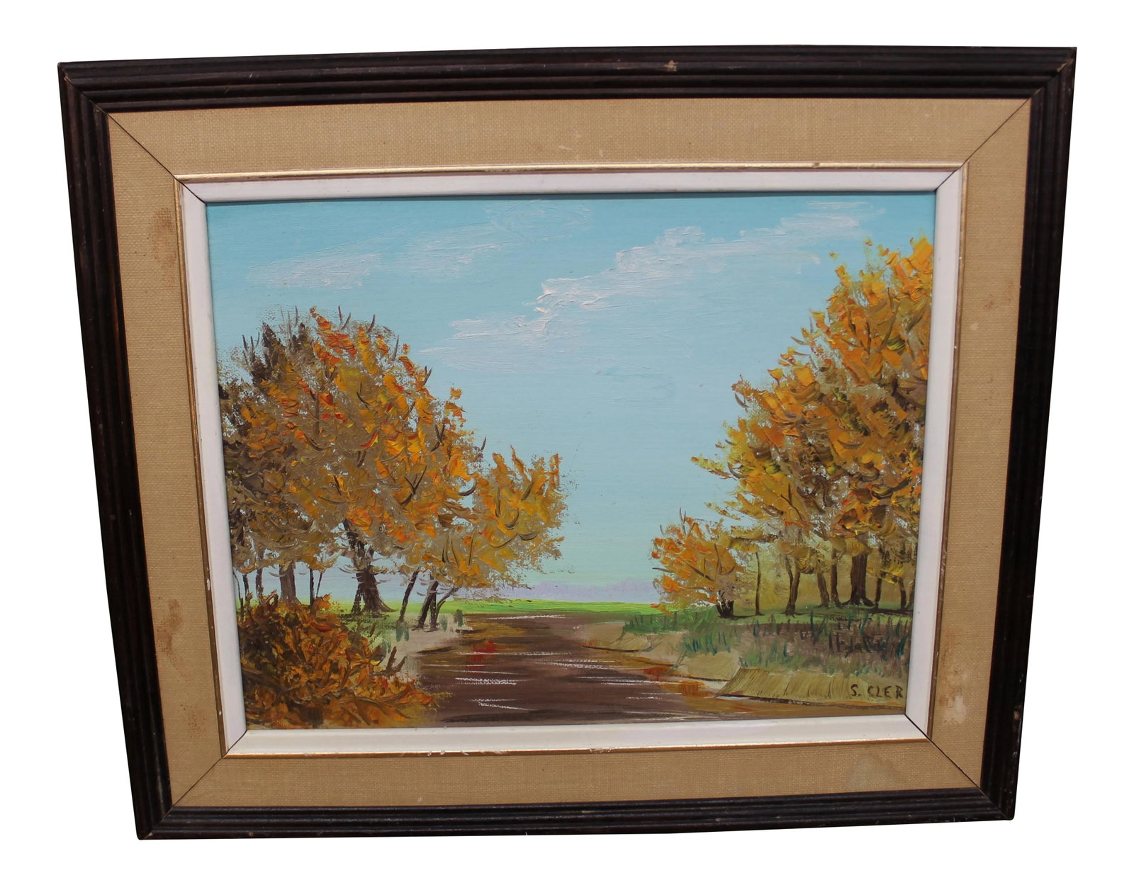 Mid Century Modern landscape painting: This beautiful framed painting is titled aAutumn streama and it was painted by Sylvia Clermont. It is dated 1986 on the back and I love how the artist wrote Luv Ya! on the upper right corner, which
