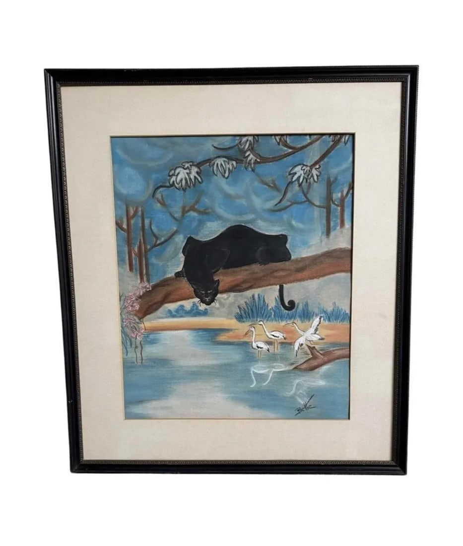 Mid 20th Century Modern Animal Scene Chalk Drawing with Panther and Cranes, Framed - 10