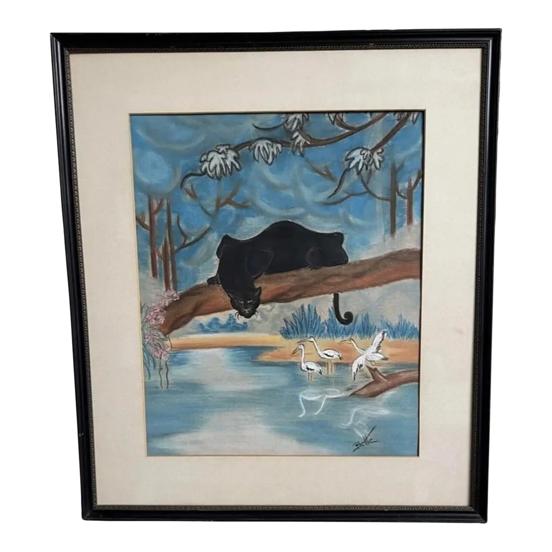 Mid 20th Century Modern Animal Scene Chalk Drawing with Panther and Cranes, Framed: We have for your consideration a very beautiful mid century modern vintage chalk painting. Painting consists of a panther in a tree. With cranes in water. Painting is in beautiful vintage condition wi