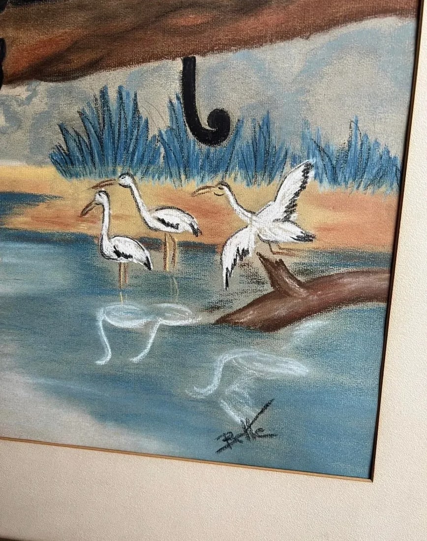 Mid 20th Century Modern Animal Scene Chalk Drawing with Panther and Cranes, Framed - 2
