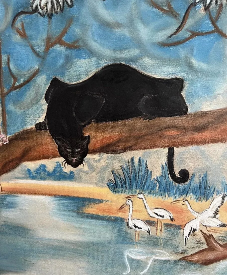 Mid 20th Century Modern Animal Scene Chalk Drawing with Panther and Cranes, Framed - 3