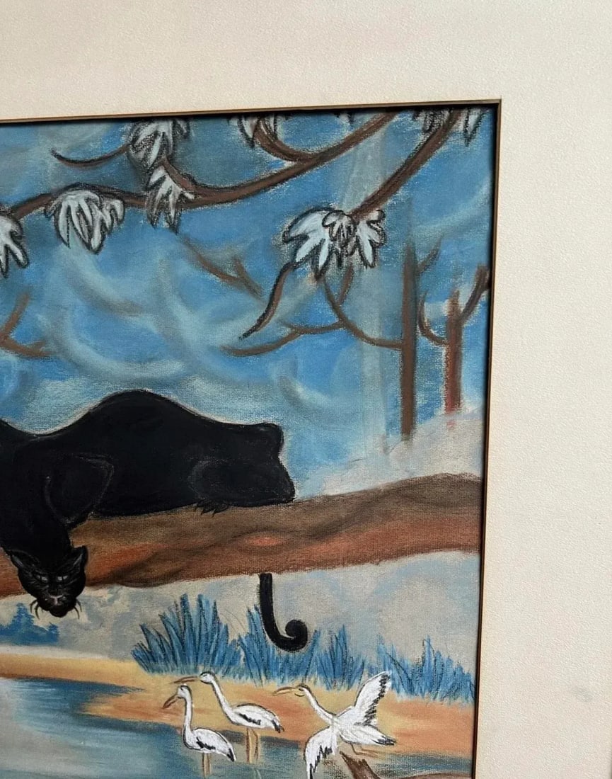 Mid 20th Century Modern Animal Scene Chalk Drawing with Panther and Cranes, Framed - 4