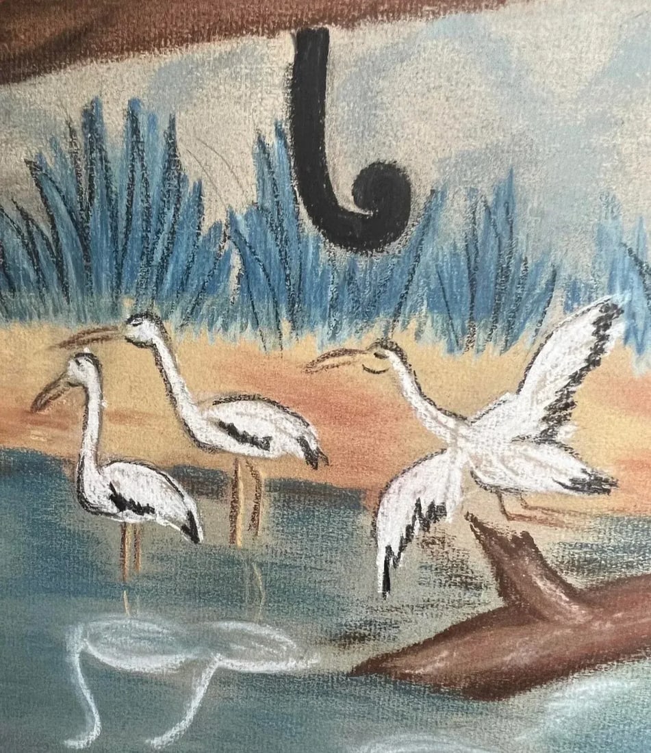 Mid 20th Century Modern Animal Scene Chalk Drawing with Panther and Cranes, Framed - 5